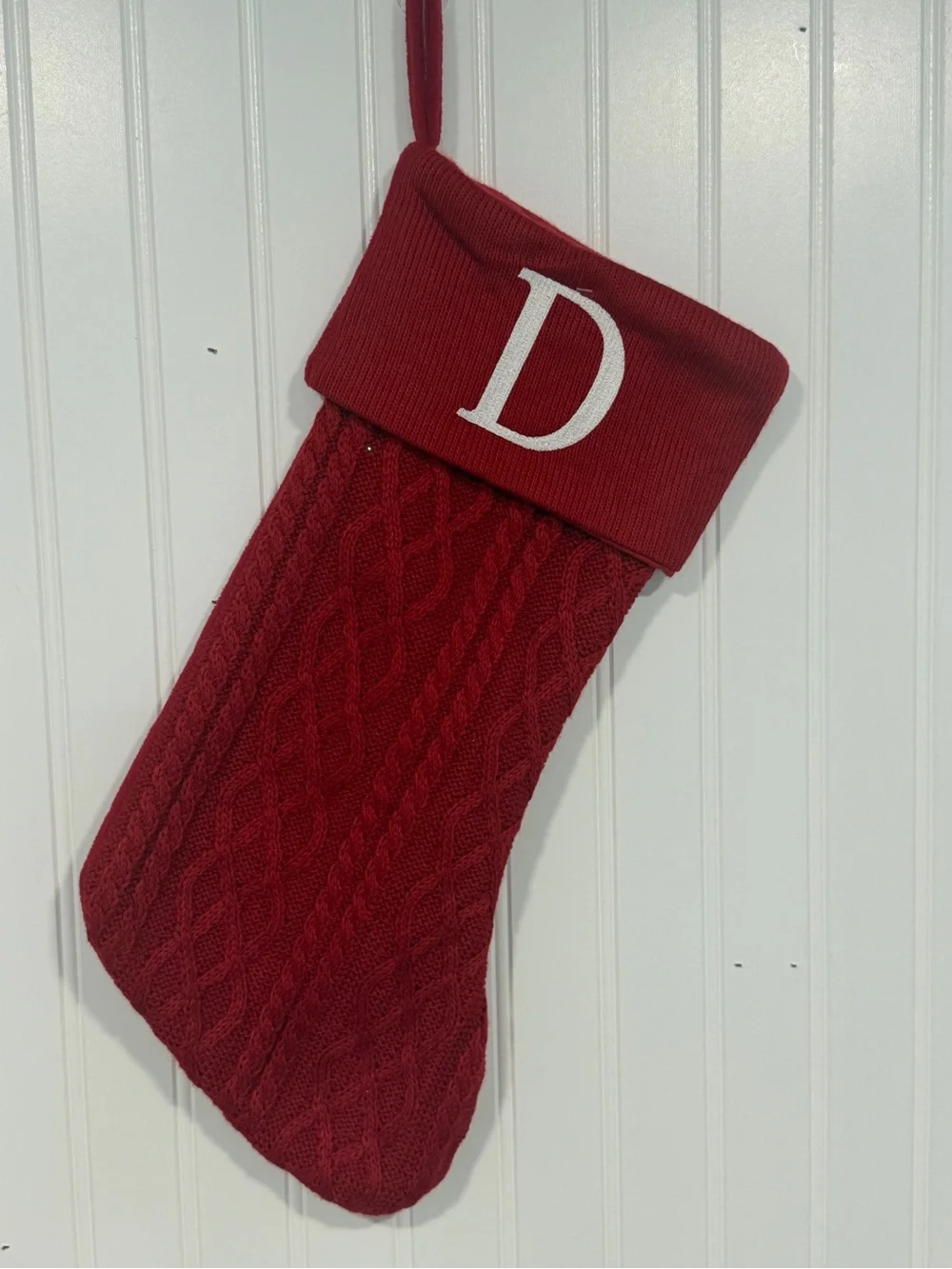 Monogram Red Cable-Knit Holiday Stocking - D Initial